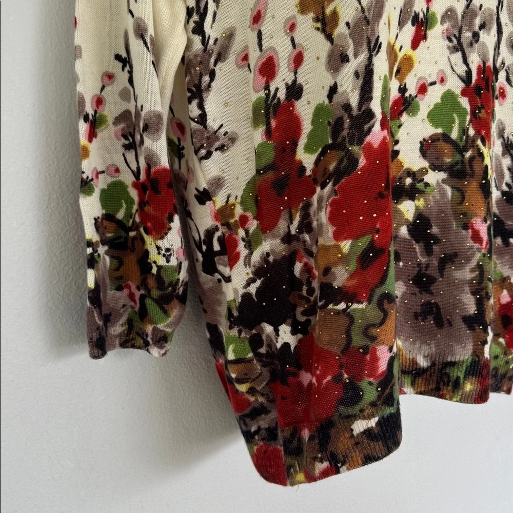 Vintage CD Petites cream red floral print rhinestone stud sweater size medium